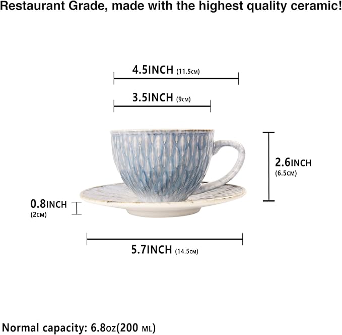 Coffee Mugs Set, 6.8 oz, Ceramic Tea Cup with saucer, Espresso Cups 8-piece, Stackable Cups, for Latte,Hot Tea,Cappuccino, Mocha, Cocoa, dishwasher & microwave safe, Azure blue