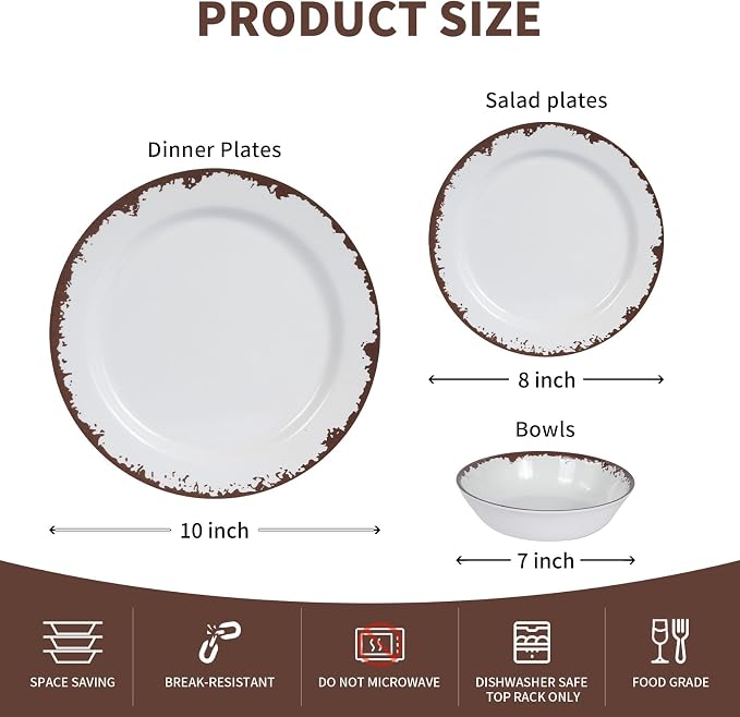 Melamine Dinnerware Set-12 Piece Farmhouse Plates and Bowls Set for 4,Lightweight&Durable Dish Set, Unbreakable Camping/RV Serving Dinner Plates, Dishwasher Safe, Off White