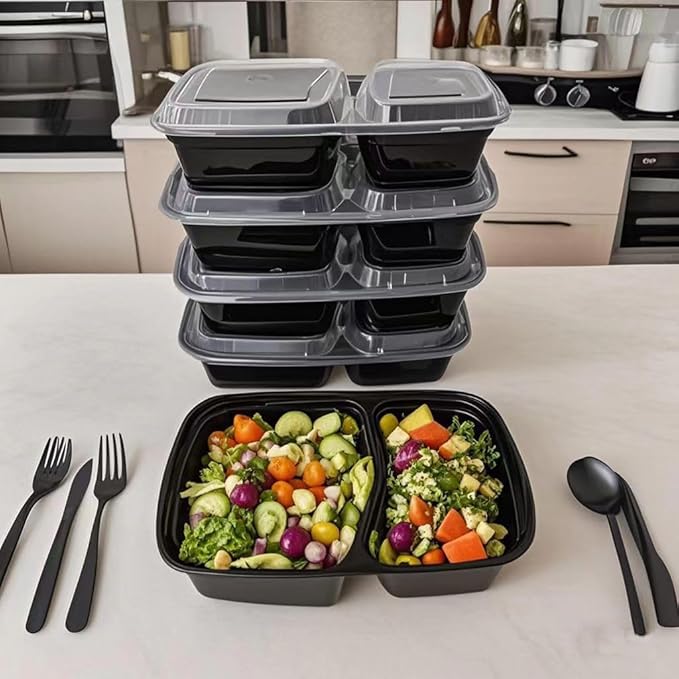 100pc 28 Oz 2-Grid Meal Prep Containers Disposable, Plastic to go food containers With Lid, Take Out food Containers Disposable, Reusable Food Storage Containers,Microwave Freezer Dishwasher Safe