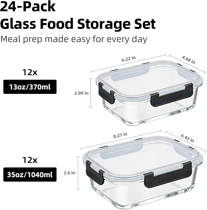 Konokyo Rectangular Glass Food Storage Containers with Lids, 24 Pack Airtight Leakproof Meal Prep Containers, BPA-Free, Microwave Oven Freezer & Dishwasher Safe, Assorted Sizes