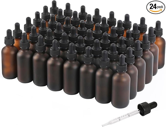 NOOEEISS 48 Pack, 2oz Glass Dropper Bottle, Preety Texture Tincture Bottles with Precise Scales Eye Droppe, for All Kinds Of Mixed Liquids,Leak-Proof Design for Easy Travel (Amber Frosted)