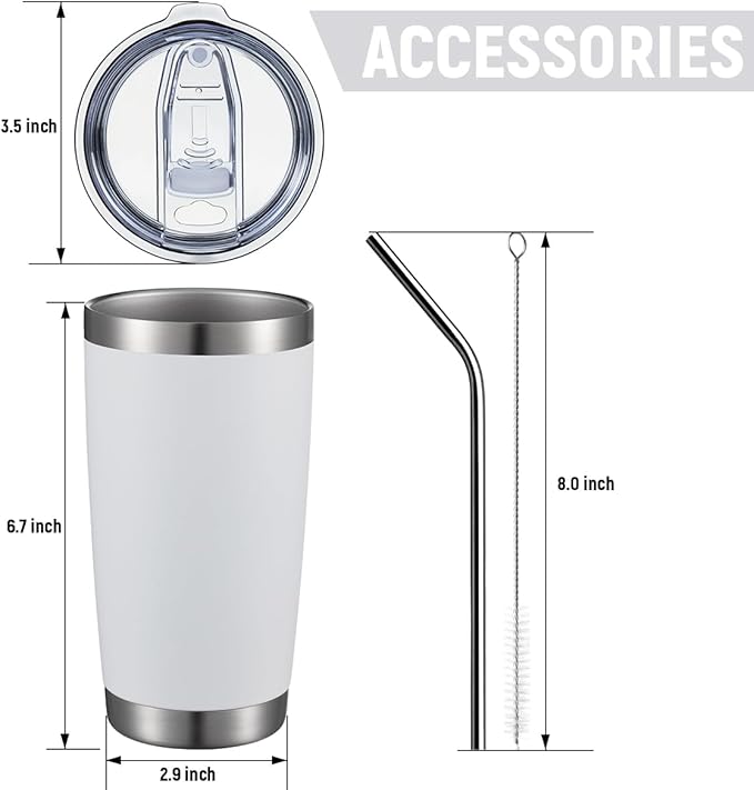 COMOOO 20oz/8Pack White Tumbler Double Wall Vacuum Insulated Coffee Travel Mug Stainless Steel Tumbler Bulk with Lid and Straw Powder Coated Insulated Coffee Cup for Cold & Hot Drinks (White, 8 Pack)