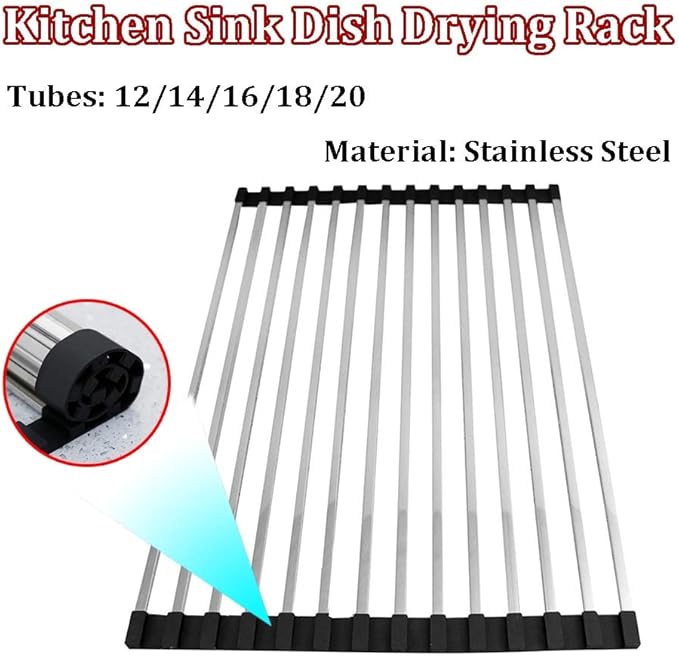 Roll-up Dish Drying Rack 43x33cm Foldable Square Tubes Stainless Still Over The Sink Dish Rack Roll Up Dish Drainers for Kitchen Sink Counter(Color:Tobes - 12)(Tobes - 18,50x33cm)