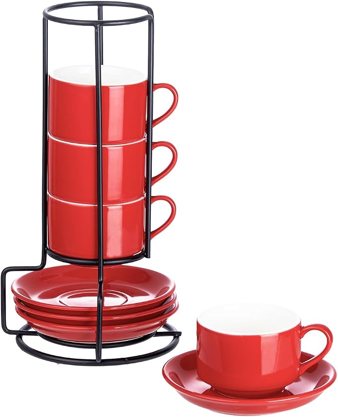 YOLIFE 2.5oz Espresso Cups Set of 4, Porcelain Stackable Espresso Cups, Expresso Shots Cup Set with Saucers and Metal Stand-Red