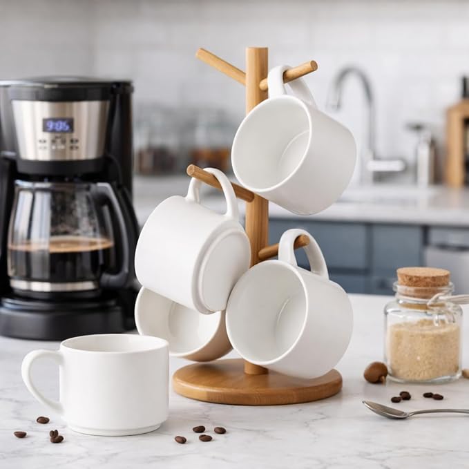 GBhome 14 OZ Coffee Mugs Set of 6, Stackable Ceramic Mugs for Men, Women, Modern Coffee Mugs With Stable Base for Latte, Tea, Cappuccino. Dishwasher & Microwave Safe, Matte White