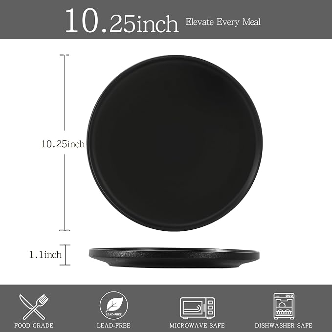 10.25 Inch Dinner Plates, Matte Black, Set of 4 | Matte Glaze Stoneware, For Steak & Pasta, Microwave Safe, Dishwasher Safe, Ceramic