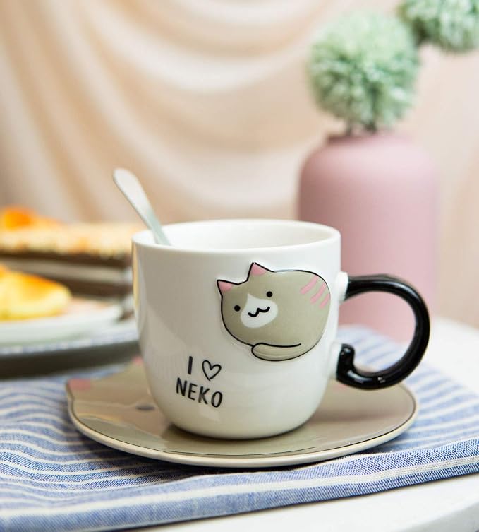 Ebros Pack Of 2 Crazy For Cats Maneki Neko Porcelain Coffee Tea Mug Cup 8oz With Saucer Tray And Notched Spoon Animal Pets Kittens Mugs Cups Kids And Adults Drinkware (White And Brown)