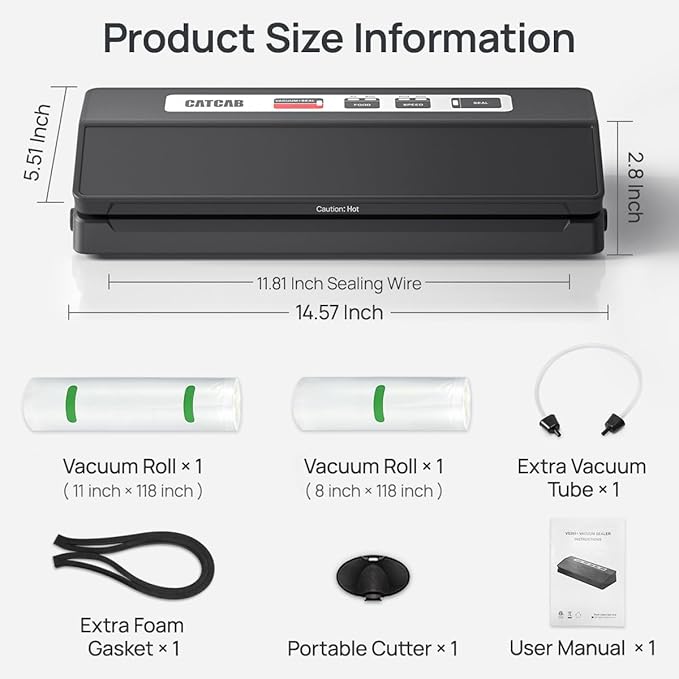 Vacuum Sealer Machine for Food Saver, 70kpa Powerful Suction Compact 7-in-1 Automatic Food Sealer for Sous Vide & Food Storage, Dry/Moist/Strong/Gentle Mode, Removable Drip Tray | 2 Bag Rolls, Black