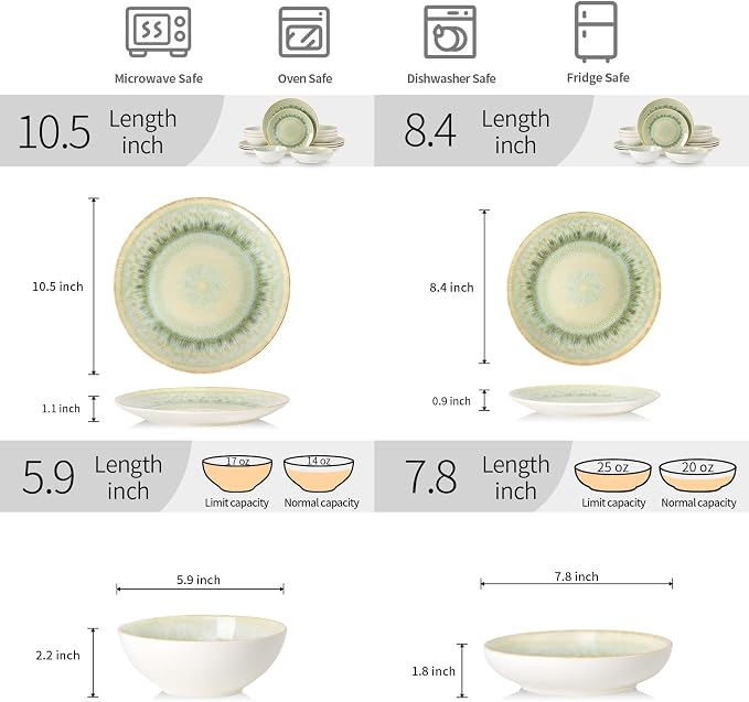 DOMICREVERY Ceramic Dinnerware Sets for 4, 16 Pieces Plates and Bowls Sets, Moss Green