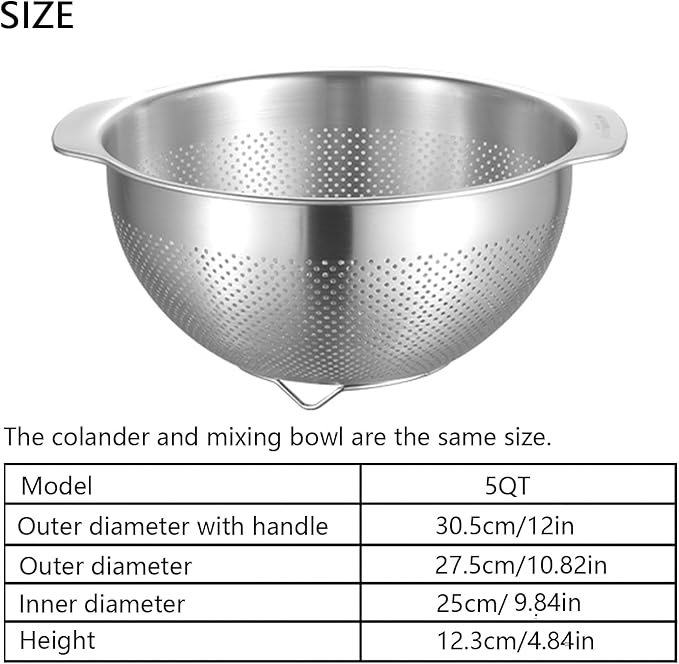 18/8 Stainless Steel Microwell Colander, 5QT Large Capacity with Handle Kitchen Food Strainer Basket for Washing Vegetables, Fruits, Rice, and Pasta (primary colour, 5QT)