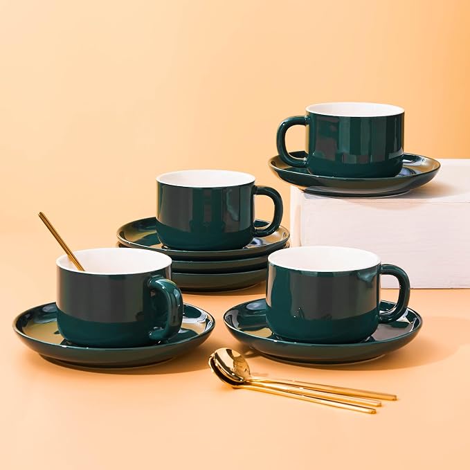 8oz Cappuccino Cups Set of 4, Tea Cups with Saucers and Spoons, Green Ceramic Tea Cups Set Coffee Mugs for Tea Cappuccino Espresso Latte Mocha Au Lait Macchiato Cafe
