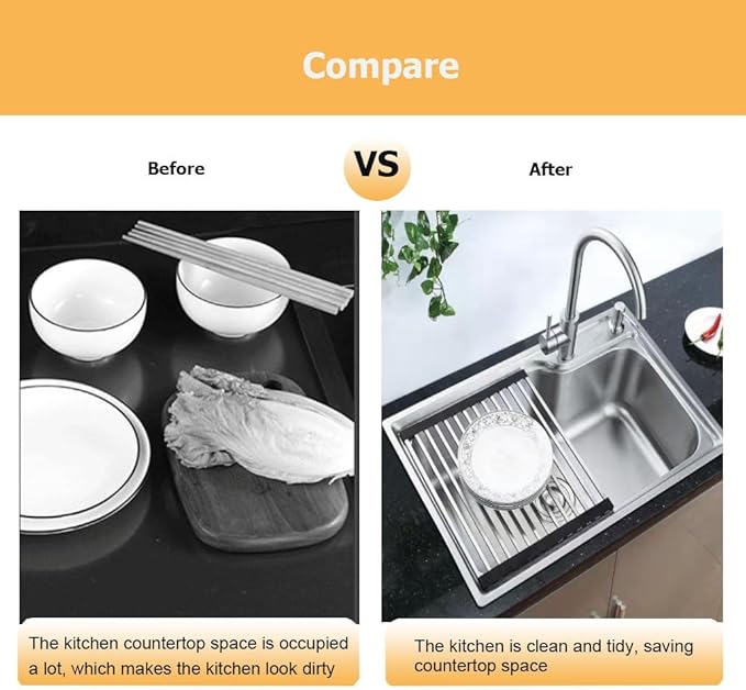 37/40/43/45/47/50/52 CM Collapsible Roll up Dish Drying Rack, Over The Sink Square Tubes Foldable Stainless Steel Drainer for Kitchen(Black,52x33cm/19.7x13.0in)