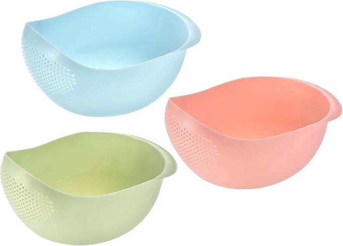 uxcell 3pcs Rice Sieve Plastic Colander Kitchen Drain Basket with Handles Rice Bowl Strainer Basket Home Kitchen Gadget, Wash Rice Basket-Blue/Green/Pink
