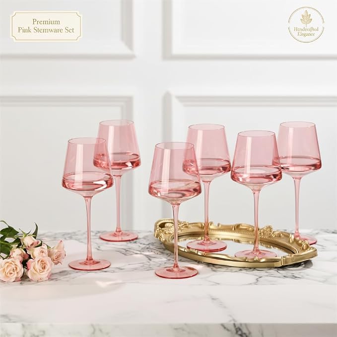 Physkoa Pink Wine Glasses Set 6-16oz Blush Pink Wine Glasses With Tall Long Stem and Flat Bottom,Pink Glassware for Home Decor & Gifts