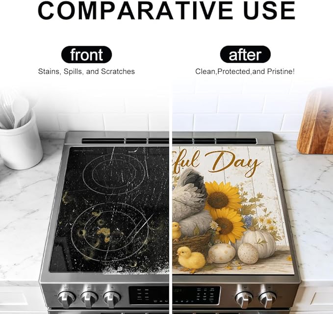 Stove Top Cover for Electric Stove 28.4 x 20.5 Inch Non Slip Stove Mat Oil Proof Grateful Hen Sunflower Glass Cooktop Protector Kitchen Mat