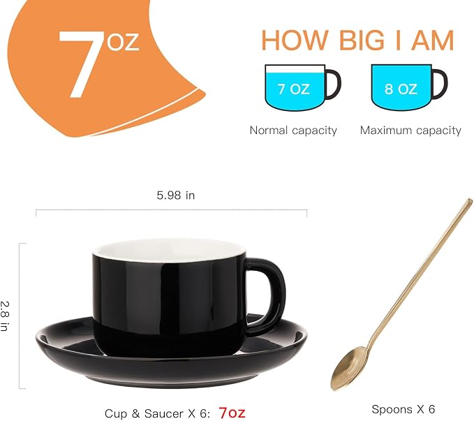 8oz Cappuccino Cups Set of 6, Tea Cups with Saucers and Spoons, Black Ceramic Tea Cups Set Coffee Mugs for Tea Cappuccino Espresso Latte Mocha Au Lait Macchiato Cafe