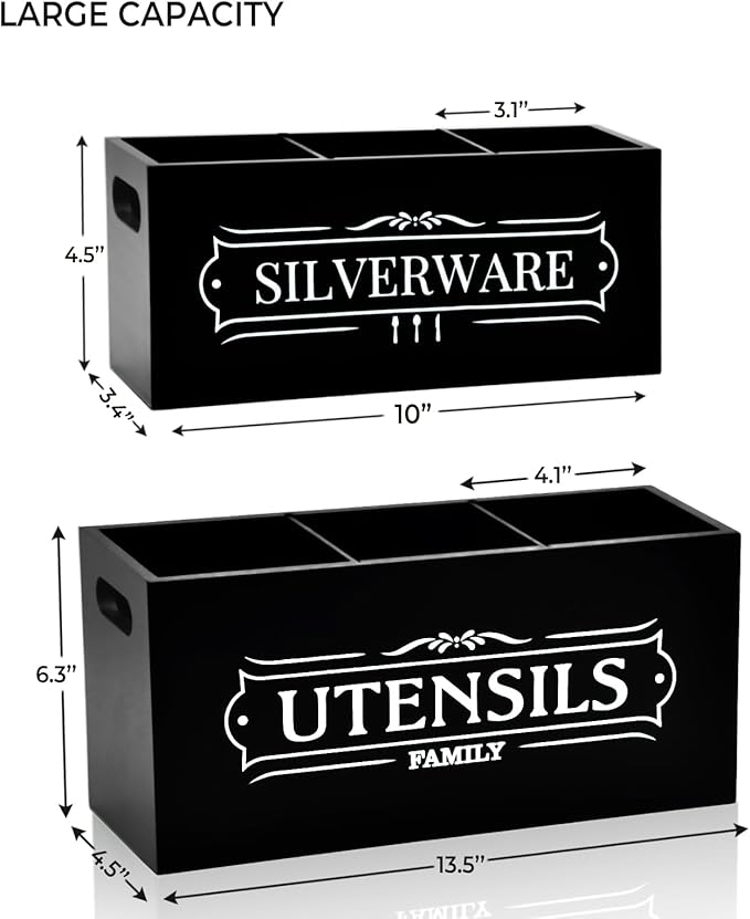 Kitchen Utensil Holder Set - Extra Large Wooden Countertop Organizer for Cooking Utensils, Cutlery and Flatware, Farmhouse Kitchen Decor, Silverware Caddy for party (Black, Large)