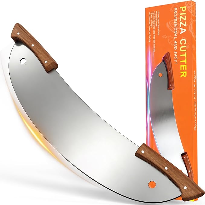 20-Inch Pizza Rocker Blade Cutter, Stainless Steel with Double Wooden Handles, Professional Pizza Slicer (Silver)