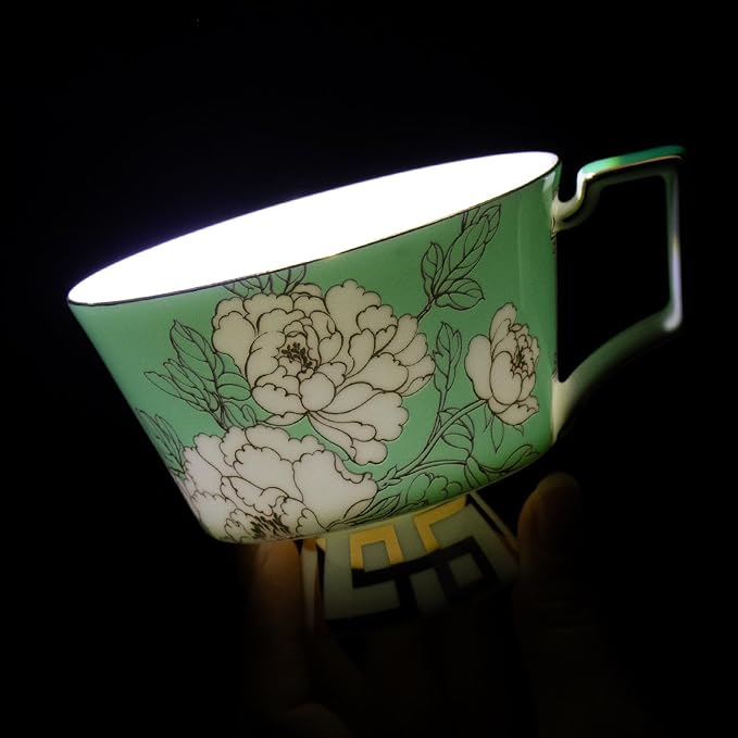KAMMAK Ceramic Coffee Cups Saucers Set of 2, Porcelain Espresso Cups with Saucers, 8.12 oz Handcrafted Elegant Bone China Tea Cups, Peony Flower Pattern Teacup for Party, Office, Women Gift