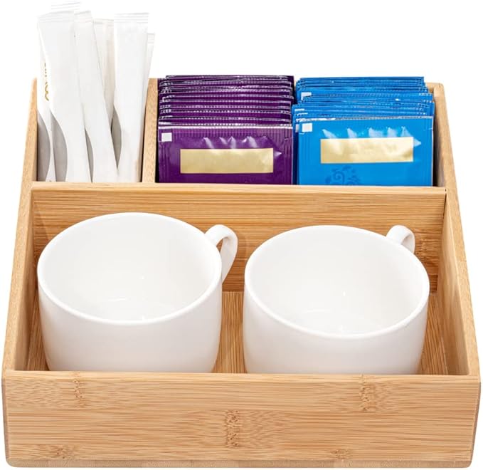 Restaurantware-8.3 x 8.3 x 2 Inch Coffee Condiment Organizer, 1 Square Creamer Organizer - 3 Compartments, Break-Resistant, Bamboo Coffee Accessory Caddy, Won't Chip, For Sugar Packets And Creamers