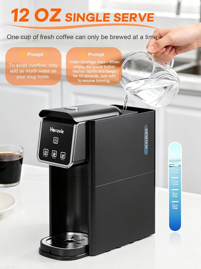Horavie Hot and Iced Single Serve Coffee Maker, for K-Pod and Grounds, Strong Brew Setting, 6-12 Oz Brew Sizes One Cup Coffee Maker for Home, Travel, RV, Office and Dorm, Black