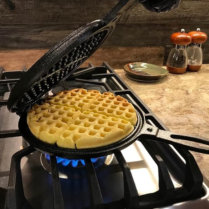 Lehmans Cast Iron Waffle Maker - Two Piece Hinged Non-Electric Waffle Iron for Stovetop or Grill Makes 7 inch Round Waffles - Non-Drip Double Rim - 8 pounds