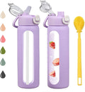 chunmo 24 oz Glass Water Bottles with 2 Lids-Handle Spout Lid & Straw Lid, Motivational Water Bottle with Time Marker and Silicone Sleeve,Leakproof-Purple-1 Pack