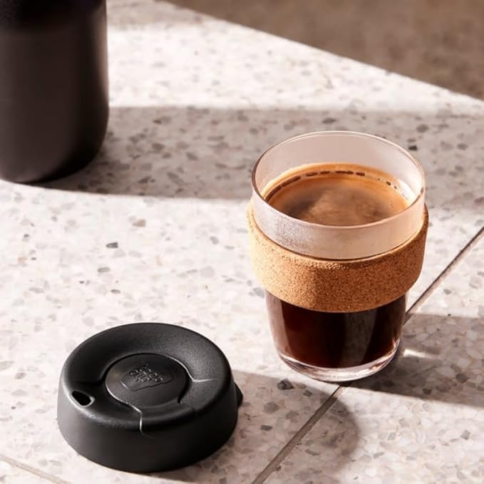 KeepCup Brew Cork, Reusable Glass Tumbler with Natural Cork, Tall Coffee Cup 12oz/340ml - Black
