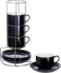 8oz Porcelain Cappuccino Cups with Saucers and Metal Stand, Stackable Coffee Cups for Specialty Coffee Drinks, Cappuccino, Latte, Espresso, Americano and Tea - Cups Set of 4, Black