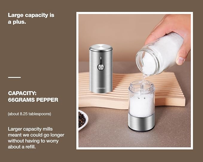 Electric Salt and Pepper Grinder Set, USB Rechargeable Automatic Pepper Mill, Large Capacity with Dual LED Light, One-Handed Operation, Slide Cover, Brushed Stainless Steel