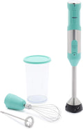 GreenLife 500-Watt Immersion Electric Handheld Stick Blender with Stainless Steel Blades, Whisk, Frother, Measuring Cup and Lid, Soups, Puree, Cake, Multi-Speed Control, Portable, Turquoise