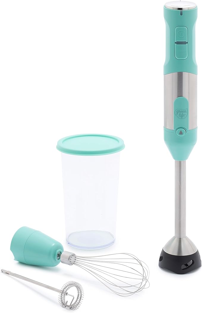 GreenLife 500-Watt Immersion Electric Handheld Stick Blender with Stainless Steel Blades, Whisk, Frother, Measuring Cup and Lid, Soups, Puree, Cake, Multi-Speed Control, Portable, Turquoise