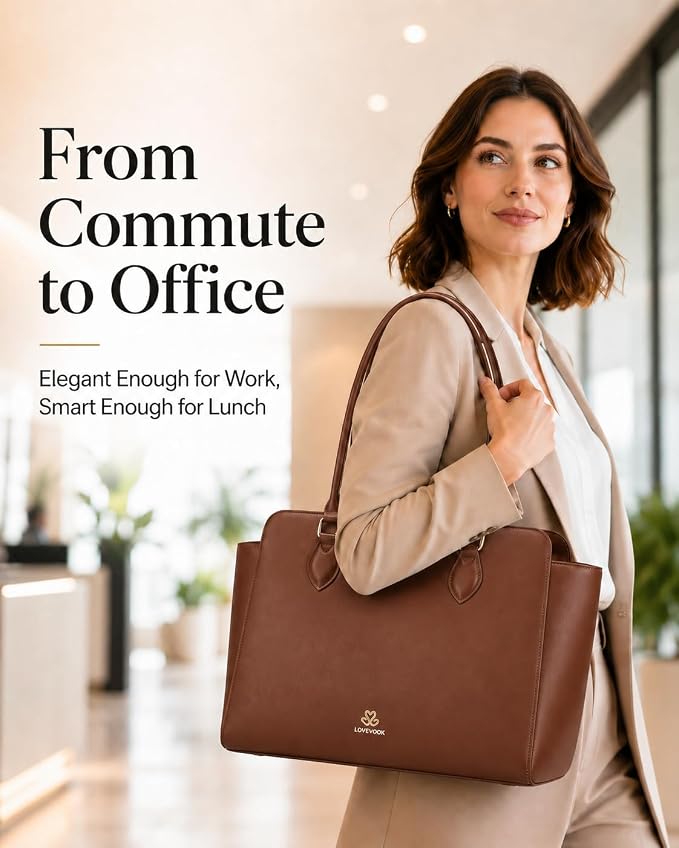 LOVEVOOK Lunch Tote Bag for Women, 2-in-1 Work Tote Bag with Lunch Compartment, Insulated Lunch Bag & 15.6 Inch Laptop Bag for Women, Ideal for Teacher, Nurse and Camping Use, Chestnut Brown