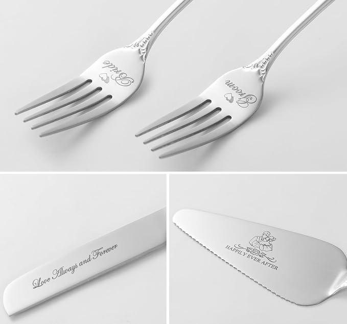 Wedding Cake Knife and Server Set, Heart Shaped Mr and Mrs Champagne Flutes with Cake Cutting Set for Wedding Bridal Shower Gifts (Silver)