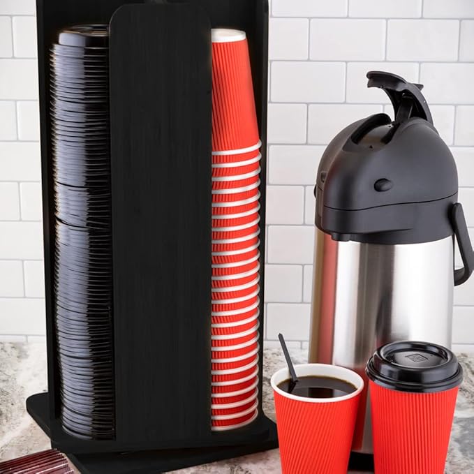 Restaurantware Restpresso 9 x 18 Inch Coffee Cup and Lid Organizer 1 Revolving Cup and Lid Holder - 4 Section Countertop Black Bamboo Cup and Lid Dispenser For Restaurants Homes or Offices