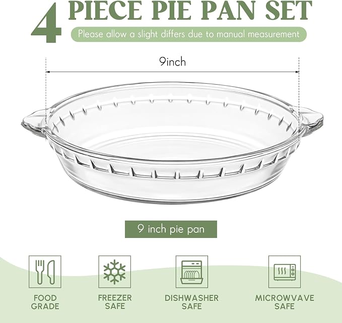 Uiifan 4 Pcs 9 Inches Mini Glass Pie Pan for Baking Clear Pie Plate with Handles Round Glass Dish for Baking and Serving, Snacks, Salads, Desserts