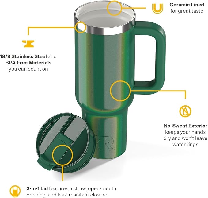 RTIC 40 oz Road Trip Tumbler Double-Walled Cermaic Lined Insulated Stainless Steel Portable Travel Coffee Mug Cup with Lid, Handle and Straw, Pine Tree Glitter