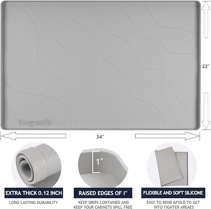Heavy Duty Silicone Under Sink Mats for Kitchen Waterproof 34" x 19", Extra Thick Under Sink Rubber Mat Drip Tray, Raised Edge Under Sink Liner,Prevent Drips, Leaks, Spills,Grey