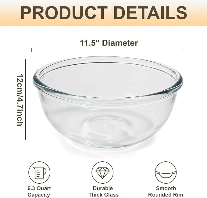 6.3 Quart Large Glass Mixing Bowl for Sourdough Bread,11.5 Inch Large Capacity Clear Sourdough Proofing Bowl for Sourdough,Salad,Cooking Prepping and Food Storage