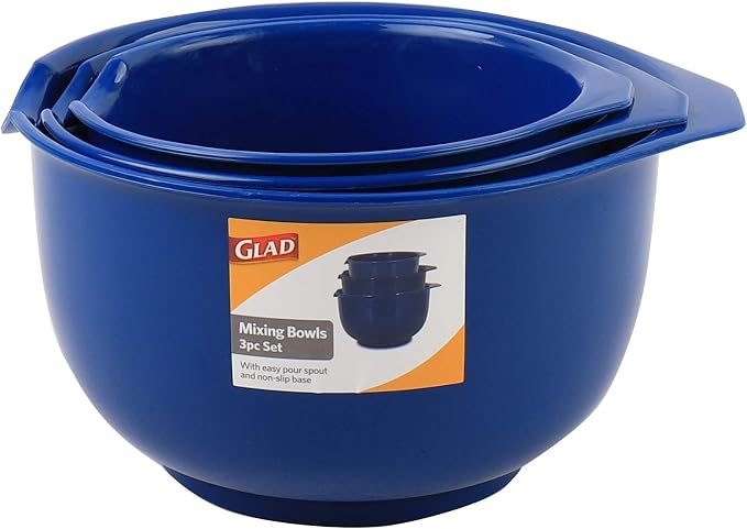 Glad Mixing Bowls | Pour Spout | Non-Slip Base | BPA Free | Blue | 3 Piece Set, Pack of 6