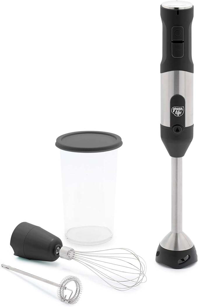 GreenLife 500-Watt Immersion Electric Handheld Stick Blender with Stainless Steel Blades, Whisk, Frother, Measuring Cup and Lid, Soups, Puree, Cake, Multi-Speed Control, Portable, Black