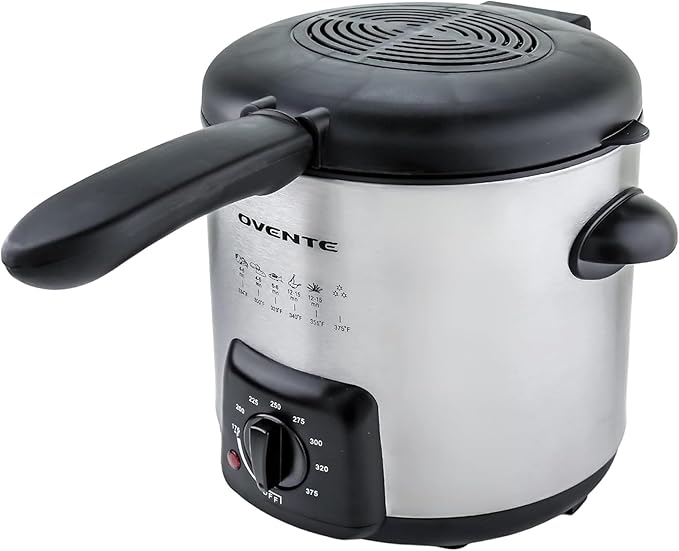 OVENTE Electric Deep Fryer 0.9L Capacity with Locking Lid, Adjustable Temperature Knob, Removable Frying Basket and Cool Touch Handle, 840W Power, Easy to Clean Stainless Steel Body, Silver FDM1091BR