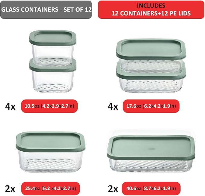 EATEX Grooved Base Glass Meal Prep Containers, 12 Pack Glass Storage Containers with Lids for Meal Prep & Lunch, Microwave Oven Freezer Dishwasher Safe, Anti Moisture Non-Stick Design - Sage Green