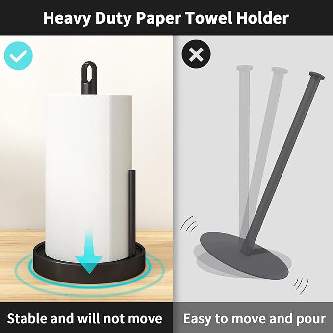STWWO Paper Towel Holder Countertop, Black Paper Towel Holder with Anti Slip Weighted Base, Stainless Steel Heavy Duty Freestanding Papertowel Holder for Bathroom, Kitchen Roll Holder