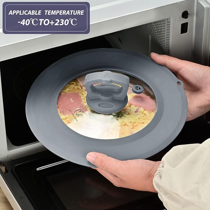 Set of 2 Vented Tempered Glass Universal Lid for Pot Pan Skillet with Heat Resistant Silicone Microwave Splatter Cover Microwave Safe Fit 6.5" 7" 7.5" and 9.5" 10" 10.5" 11", Light Grey