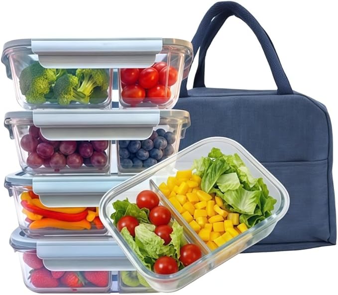 5Pack (22oz-2 Compartments with Lunch Bag) Glass Food Storage Containers with Lids for Kitchen Meal Prep, Fridge Organization, Lunch Box
