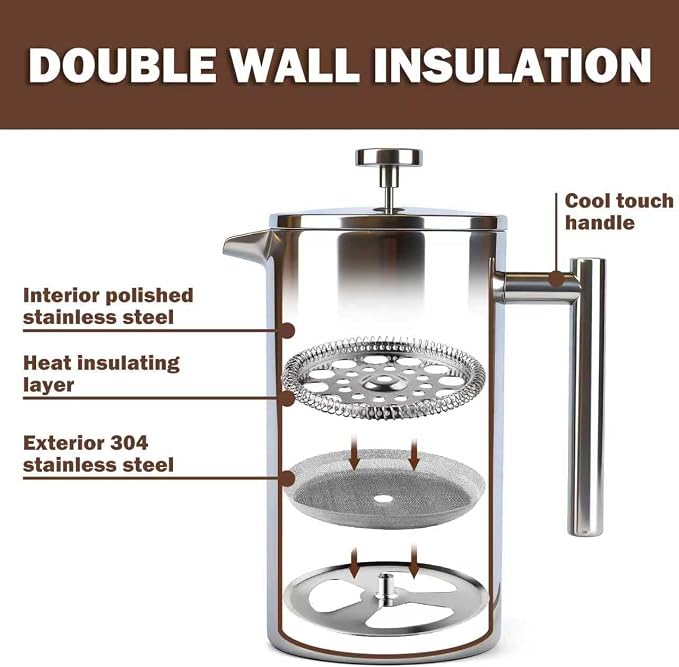 Extra Large French Press, French Press Coffee Maker 61 oz (1.8L), Insulated Stainless Steel French Press XXL Large Capacity Double Walled with Spoon for Espresso Coffee or Tea