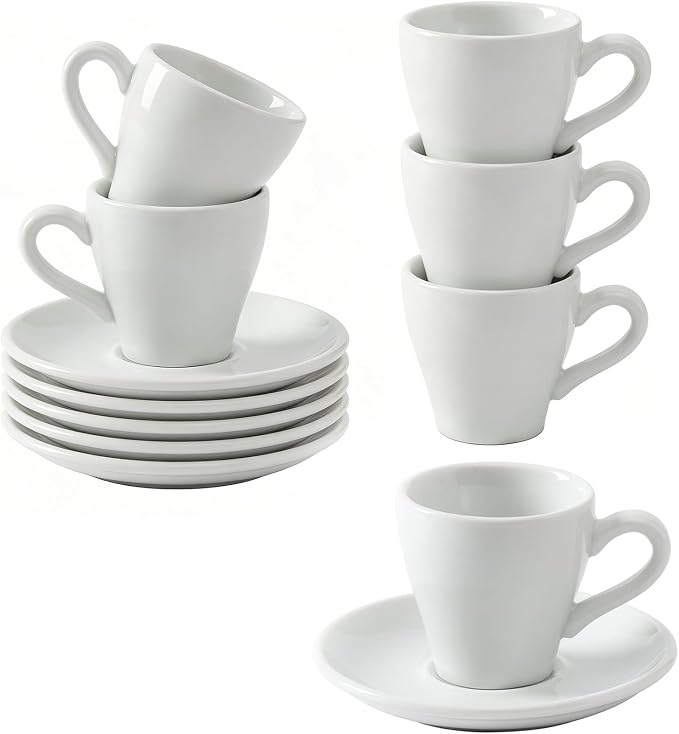 Espresso Cups Set of 6, White Espresso Cups and Saucers, 2.8 oz Ceramic Demitasse Cups for Espresso,Latte,Tea Bag