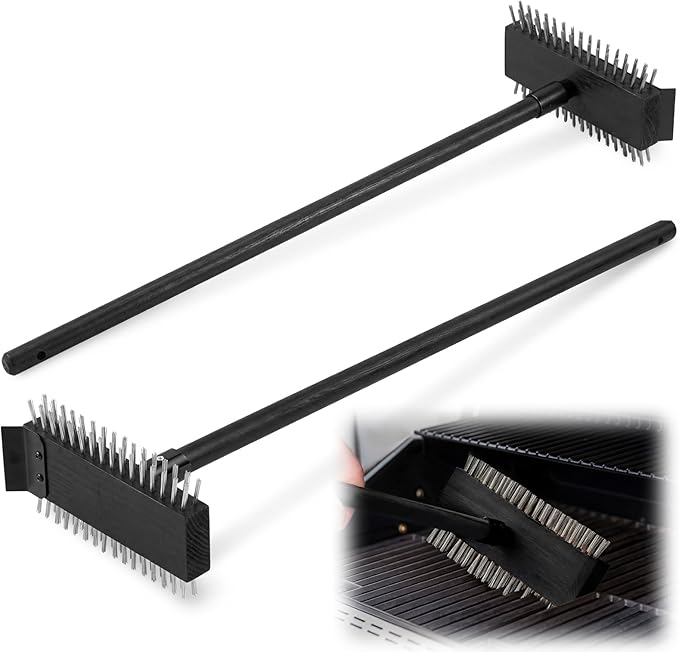 2 Pcs Black Stainless Steel Grill Brush Grill Scraper with 30'' Long Wooden Handle for Commercial Cleaning Kitchens Restaurants Bathrooms