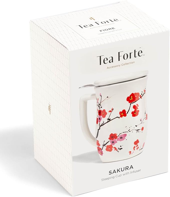 Tea Forte Ceramic Fiore Cup with Handle, Removeable Stainless Steel Infuser Basket and Lid, Steeps 14 oz Loose Leaf Tea, Dishwasher & Microwave Safe, Sakura